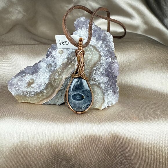 Handmade Copper Wire Wrapped Orbicular Jasper Teardrop Pendant Necklace Jewelry - Picture 1 of 3